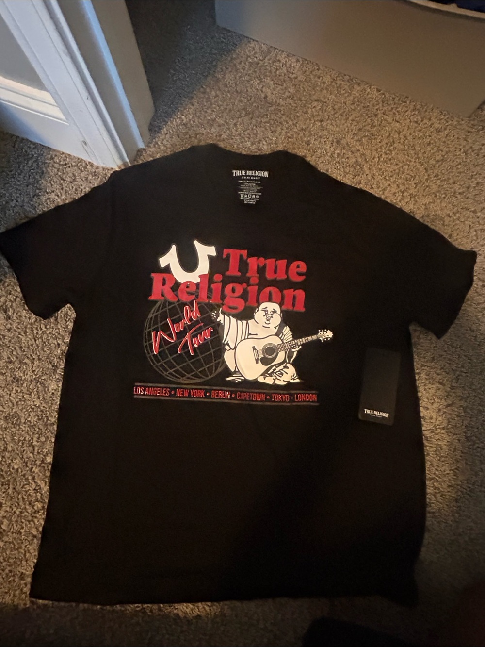 True Religion Black Tee with Red and Cream Graphic